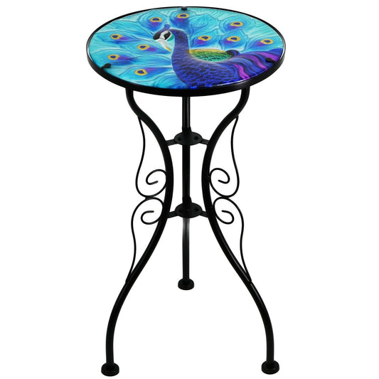 Iron Glass Round Side Coffee Patio Garden Table Plant Stand - Blue Peacock