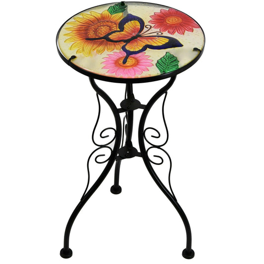 Iron Glass Round Side Coffee Patio Garden Table Plant Stand - Flowers