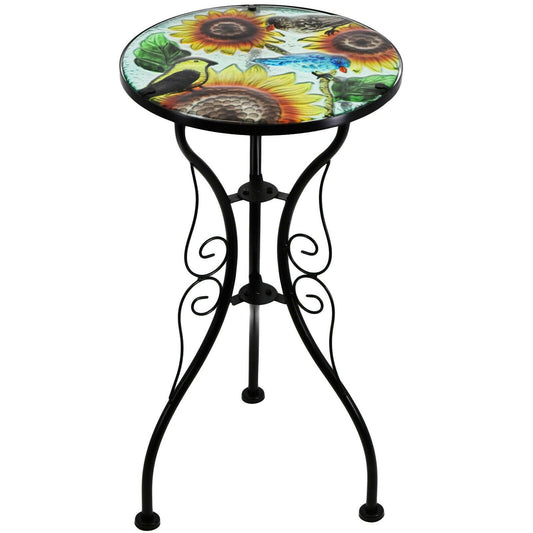 Iron Glass Round Side Coffee Patio Garden Table Plant Stand - Sunflowers