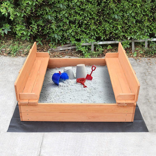 Kids Outdoor Wooden Sandpit with Seating and Lid Cover Sensory Play