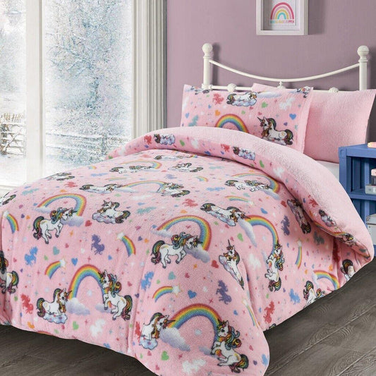 Kids Pink Rainbow Unicorn Soft Teddy Bear Fleece Duvet Cover Bedding