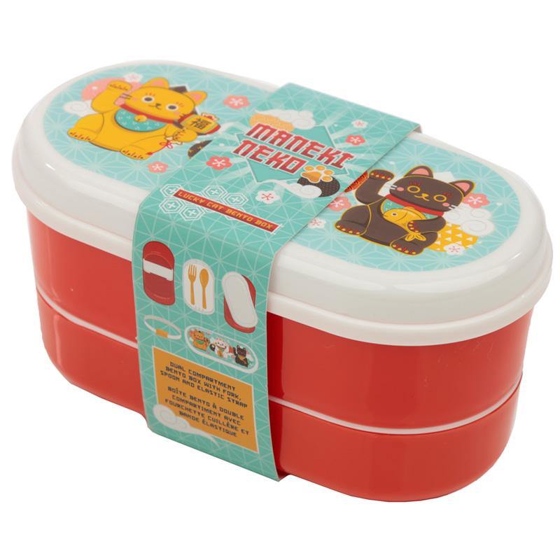 Red Bento Lunch Box with Fork & Spoon - Maneki Neko Lucky Cat - Kporium Home & Garden