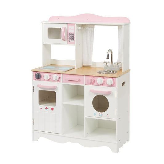 Pink White Country Kids Role Play Kitchen with 9 Wooden Accessories - Kporium Home & Garden