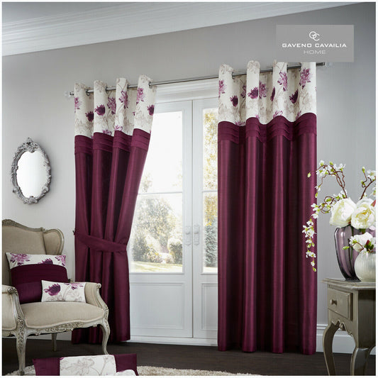 Lined Curtains Eyelet Floral Striped with Tie Backs - Aubergine