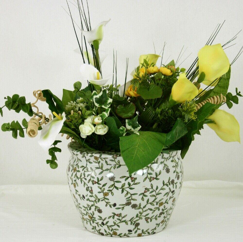 Ceramic Vintage Green & White Floral Design Fishbowl Flower Planter Pot - Kporium Home & Garden