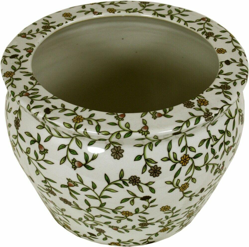 Ceramic Vintage Green & White Floral Design Fishbowl Flower Planter Pot - Home Inspired Gifts