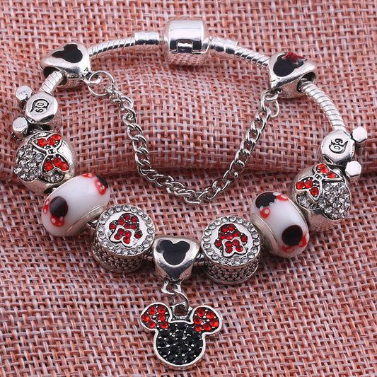 Mickey and Minnie Mouse Silver Red Charm Bracelet