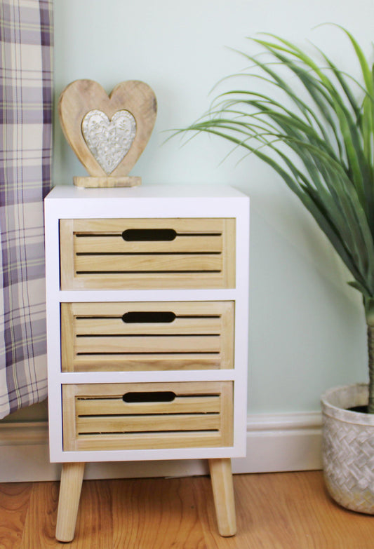 3 Drawer Unit in White With Natural Wooden Drawers and Removable Legs - Home Inspired Gifts