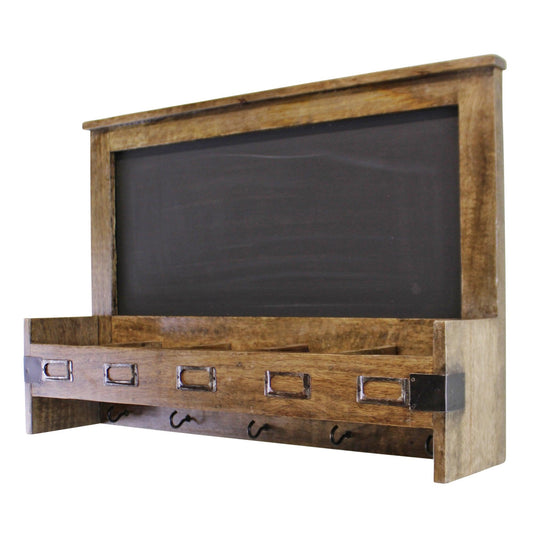 Wooden Blackboard with 5 Storage Slots & 5 Key Hooks Side