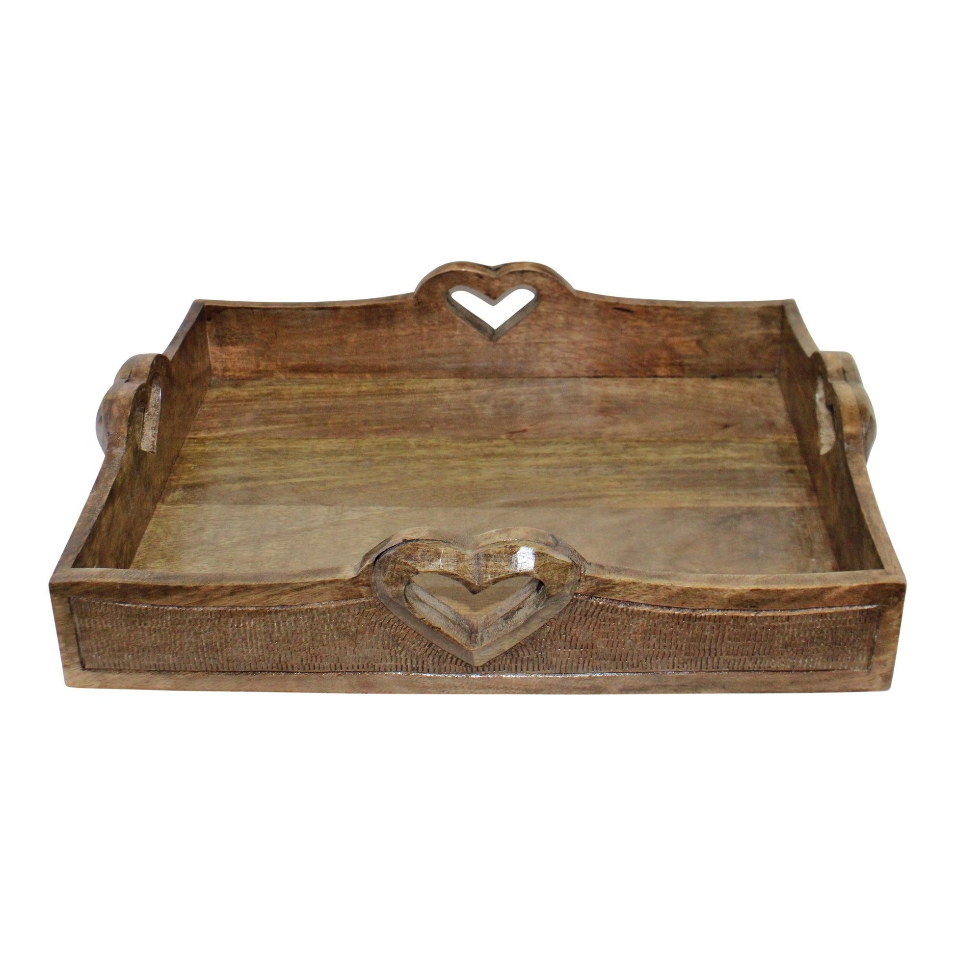Set of 2 Rustic Wooden Heart Detail Serving Trays with Handles Large