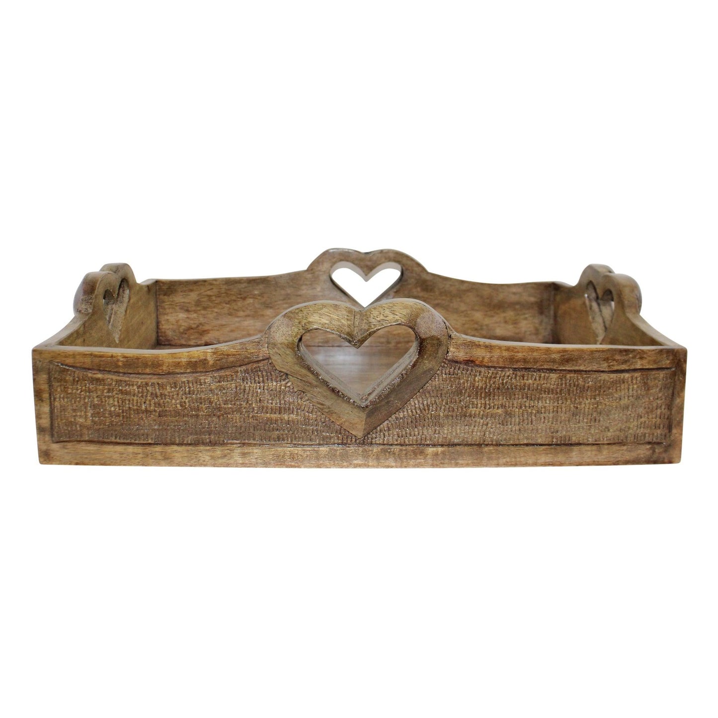 Set of 2 Rustic Wooden Heart Detail Serving Trays with Handles Side View