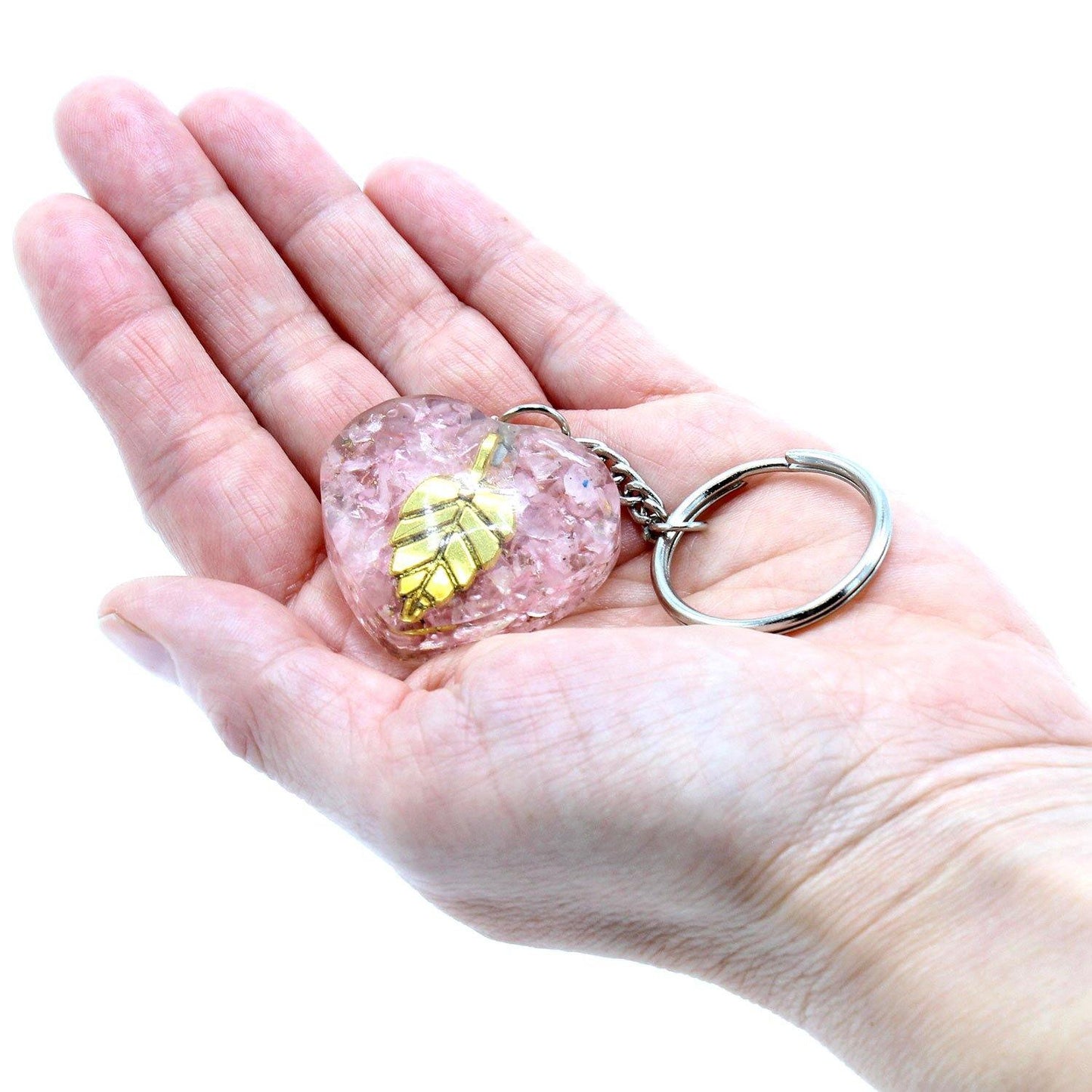 Orgonite Power Keyring - Rose Quartz Hearts Golden Leaf Gemstone - Home Inspired Gifts