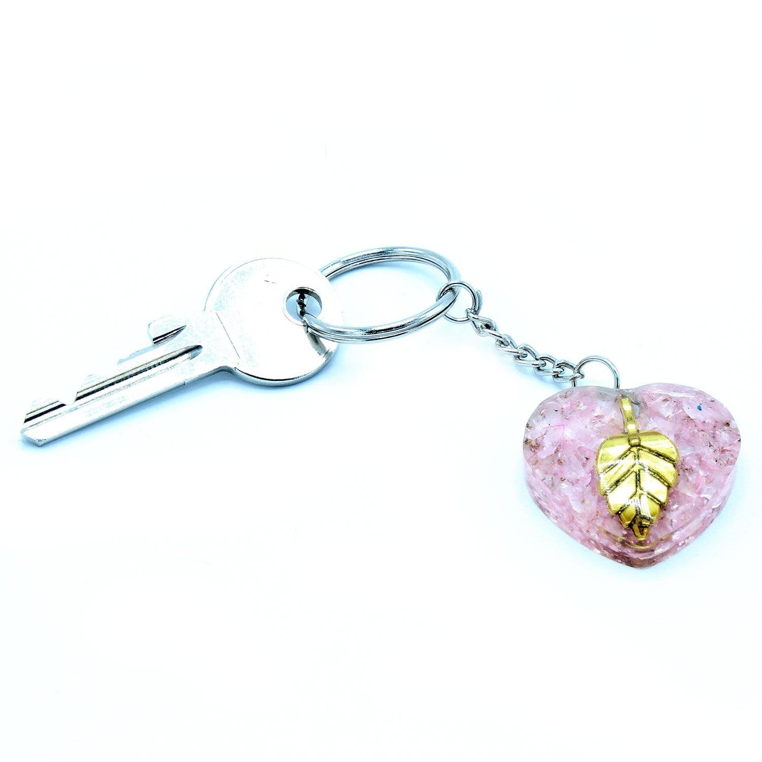 Orgonite Power Keyring - Rose Quartz Hearts Golden Leaf Gemstone - Home Inspired Gifts