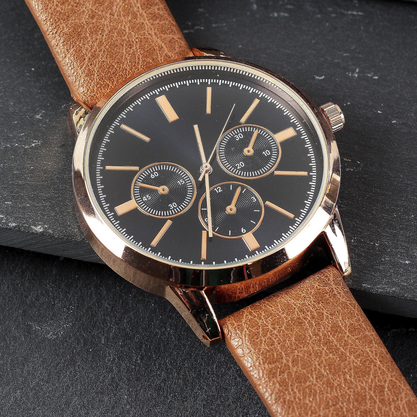 Personalised Mens Rose Gold Tone Watch with Brown Strap and Gift Box - Kporium Home & Garden