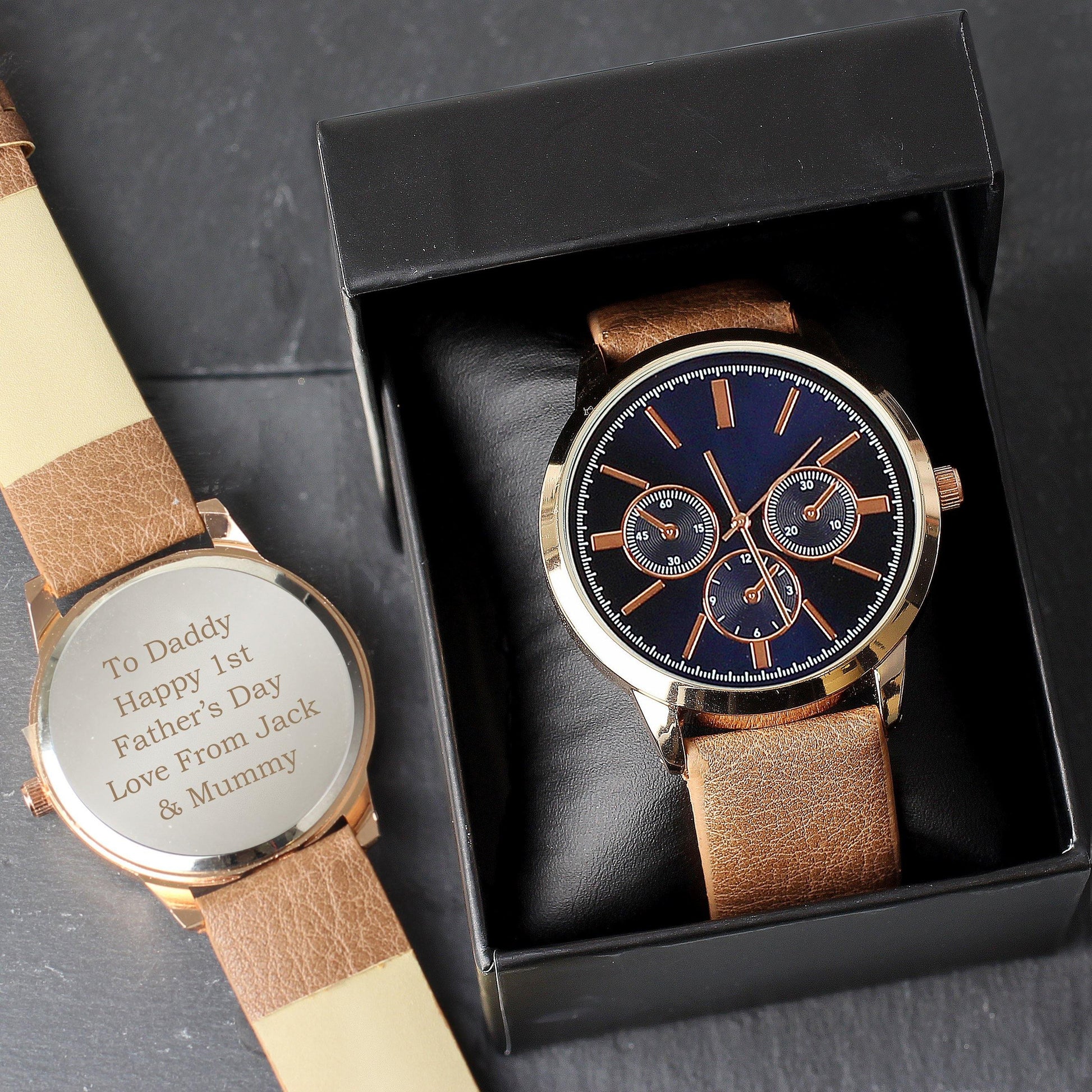 Personalised Mens Rose Gold Tone Watch with Brown Strap and Gift Box - Kporium Home & Garden