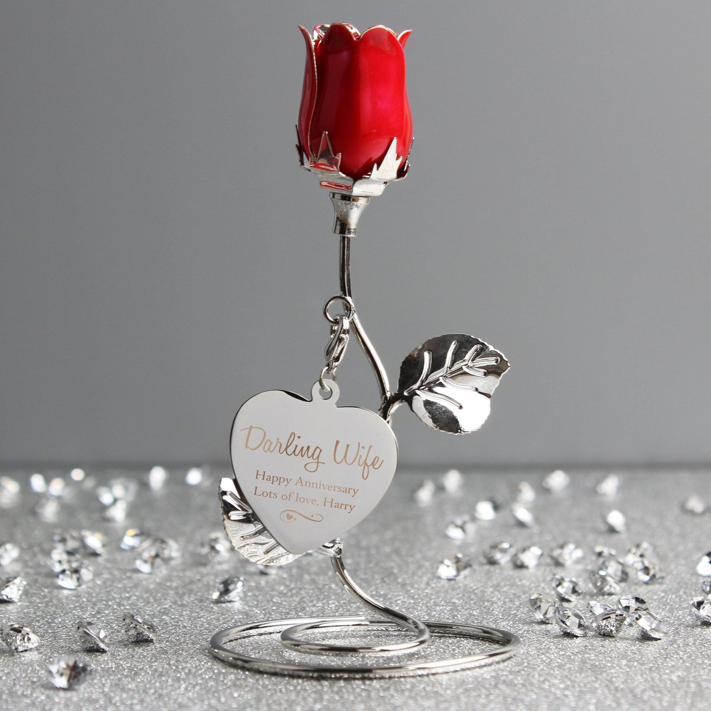 Personalised Silver Swirls & Hearts Red Rose Bud Ornament - Home Inspired Gifts