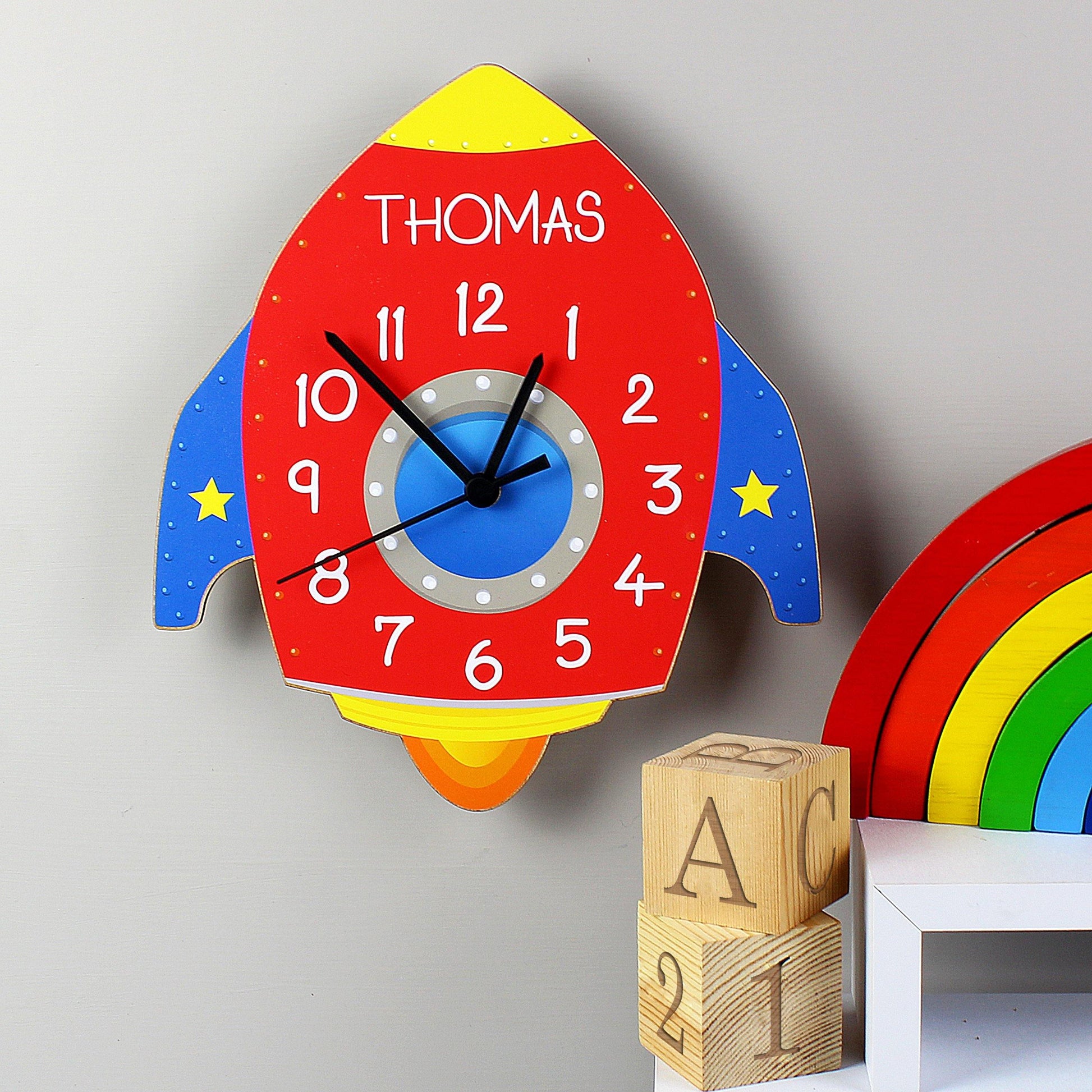 Personalised Red Rocket Shape Wooden Wall Clock - Kporium Home & Garden