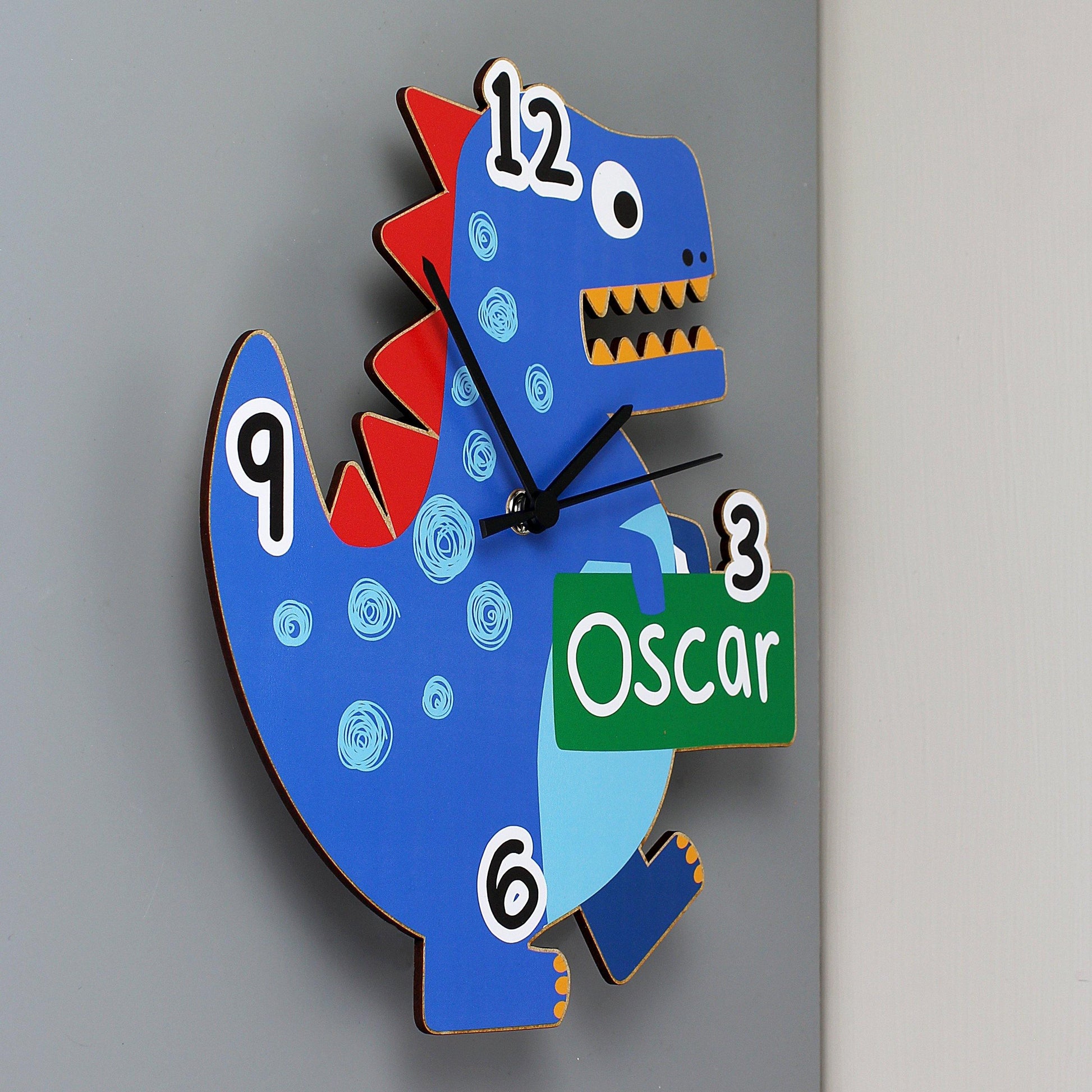 Personalised Blue Dinosaur Shape Wooden Wall Clock - Kporium Home & Garden