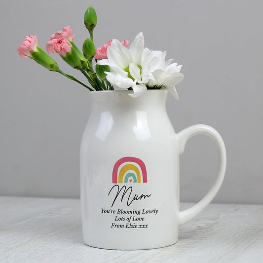 Personalised Rainbow Flower Jug Ceramic White Vase Gift