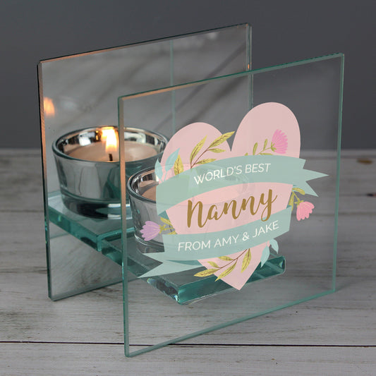Personalised Floral Heart Mothers Day Mirrored Glass Tea Light Holder - Kporium Home & Garden