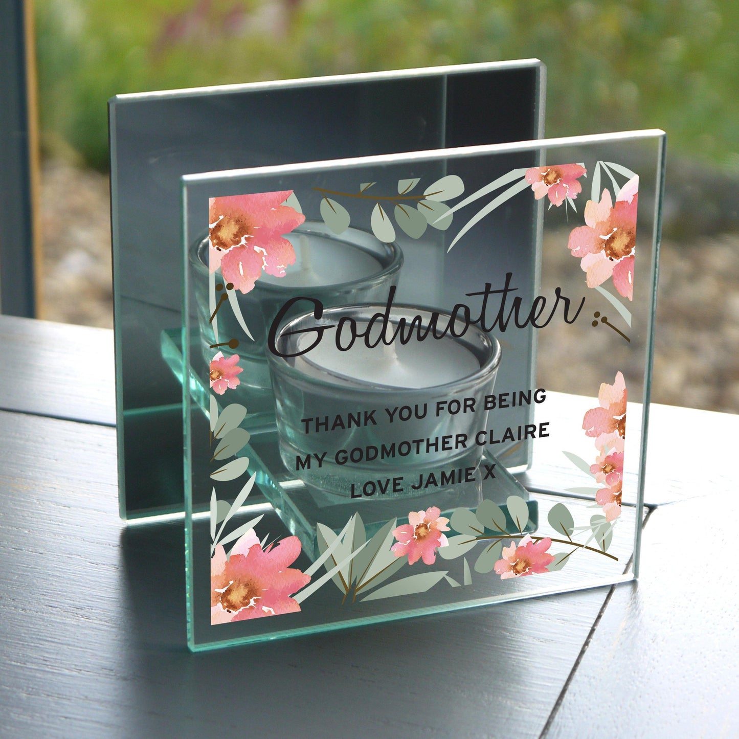 Personalised Floral Sentimental Mirrored Glass Tea Light Candle Holder - Kporium Home & Garden