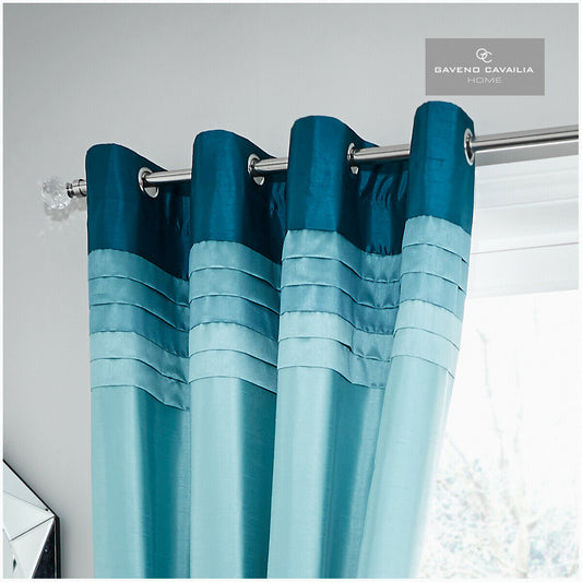 Lined Curtains Eyelet Pleated Striped with Tie Backs - Teal