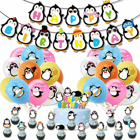 Penguin Happy Birthday Party Decoration Banner Bunting Balloons Topper