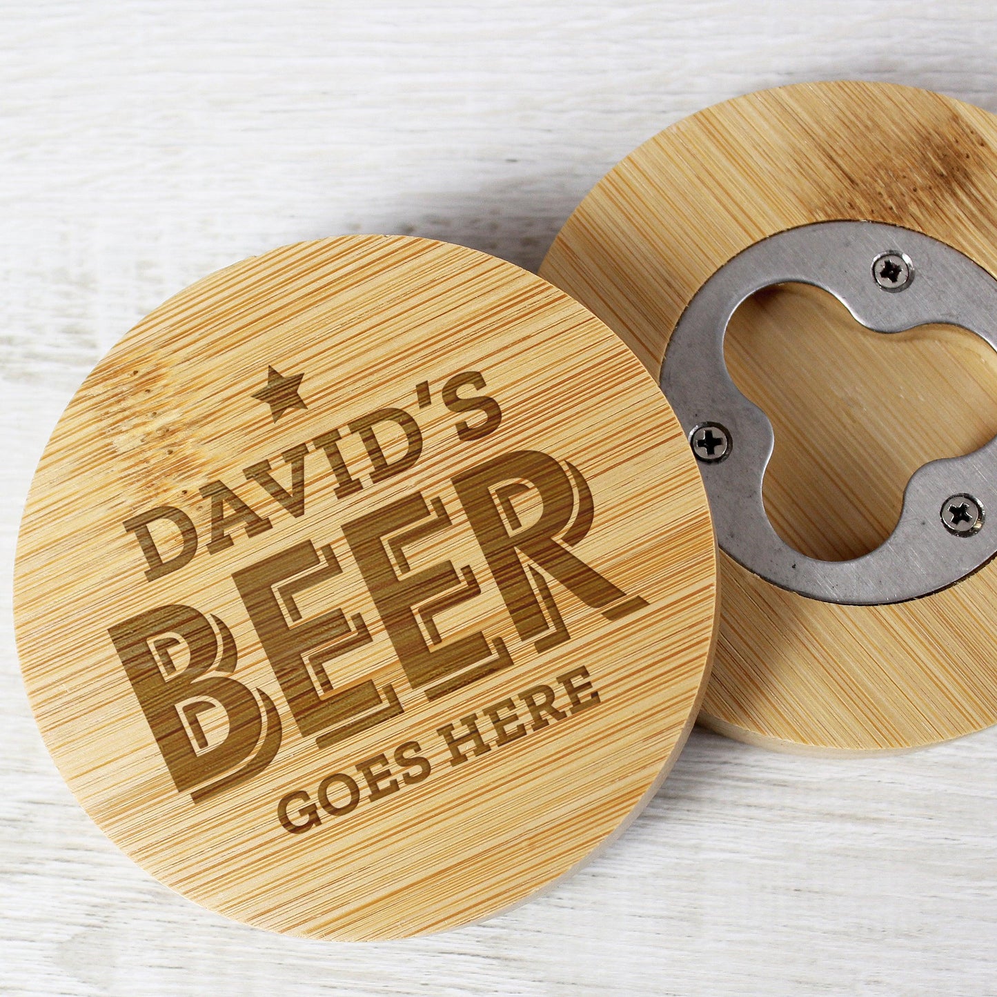 Personalised Beer Goes Here Wooden Bamboo Bottle Opener Coaster