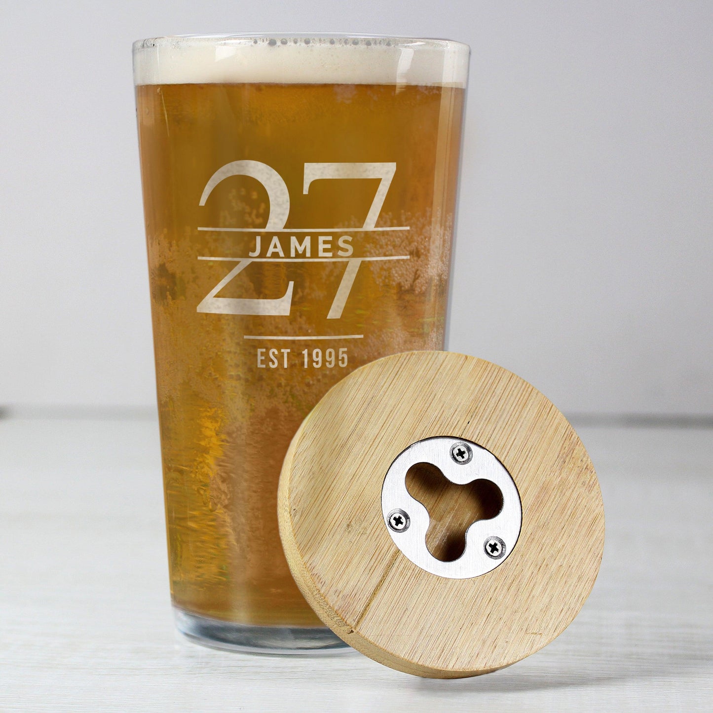 Personalised Big Age Bamboo Bottle Opener Coaster and Pint Glass Gift Set