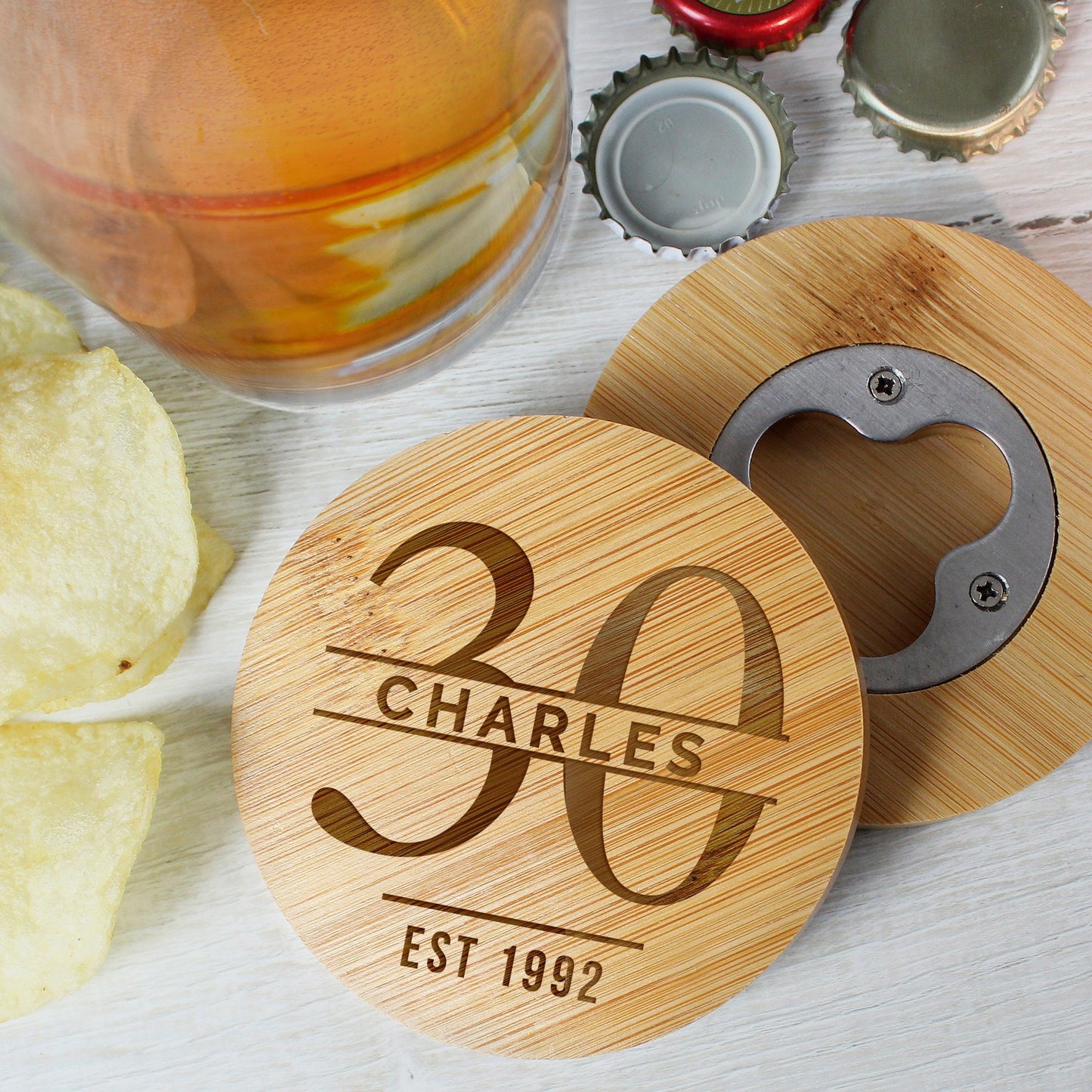 Personalised Big Age Bamboo Bottle Opener Coaster and Pint Glass Gift Set