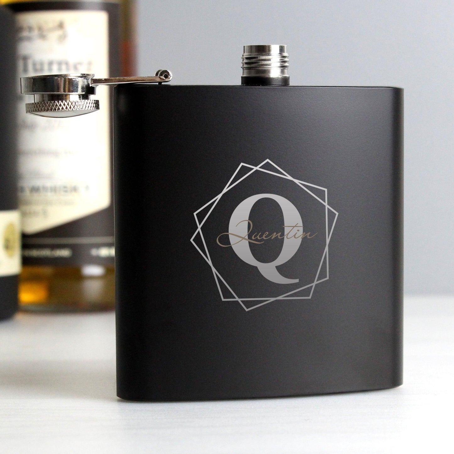 Personalised Geometric Initial Name Black Hip Flask 6oz with Gift Box