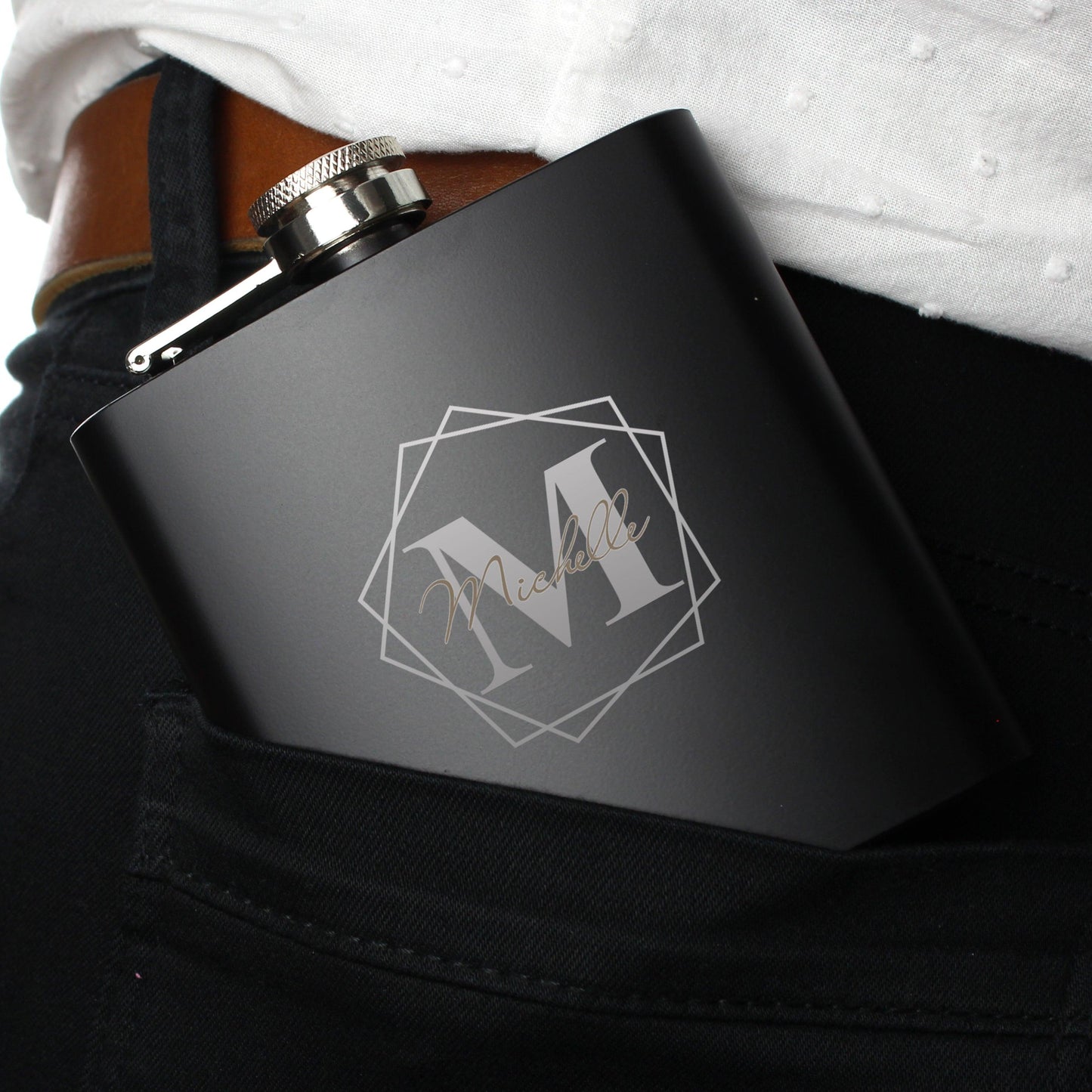 Personalised Geometric Initial Name Black Hip Flask 6oz with Gift Box
