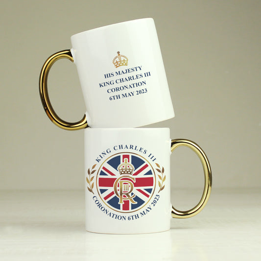 Personalised King Charles III Union Jack Coronation Commemorative Gold Handled Mug