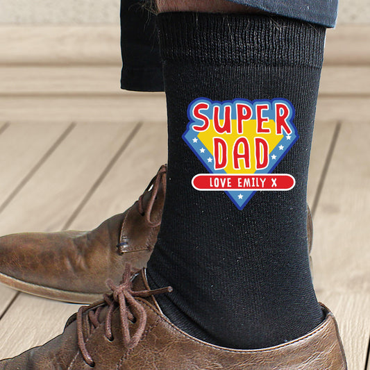 Personalised Message Polycotton Super Dad Men's Black Socks