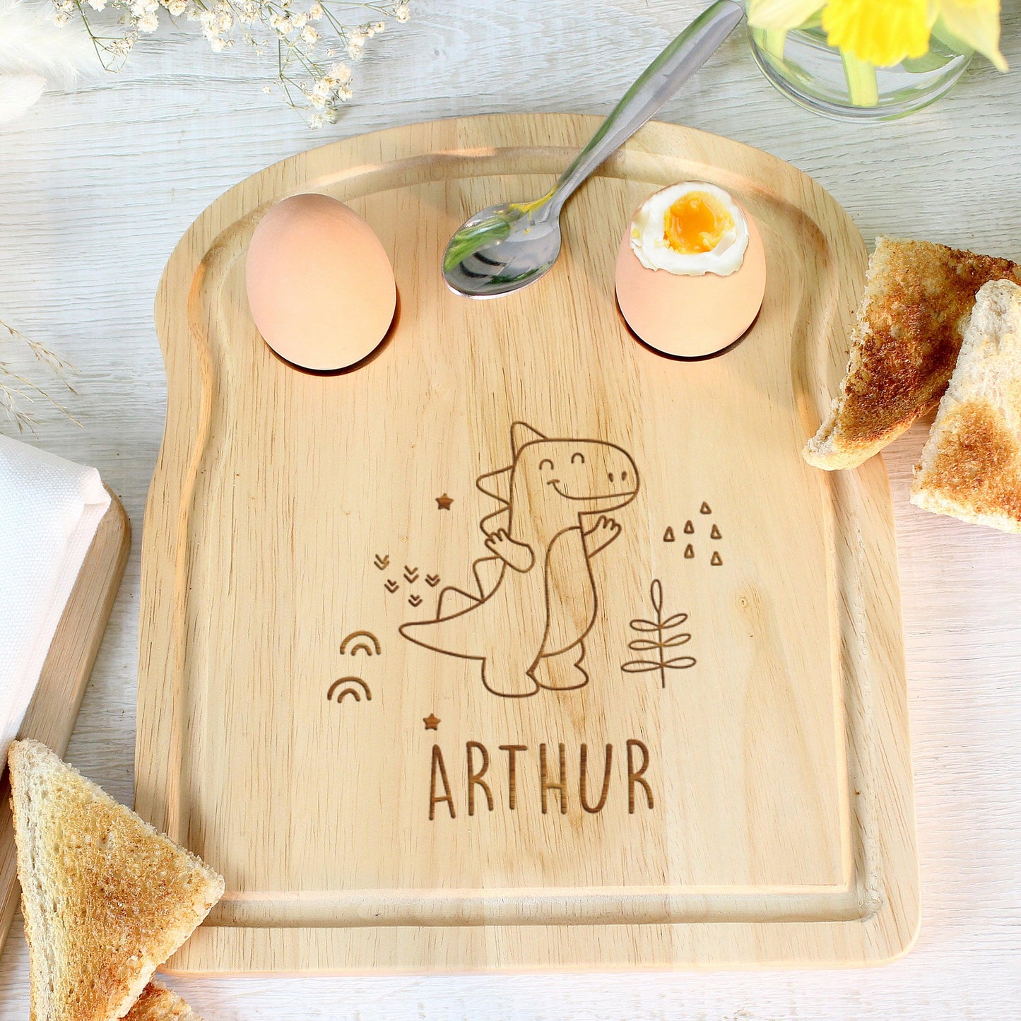 Personalised Name Dinosaur Egg & Toast Breakfast Board