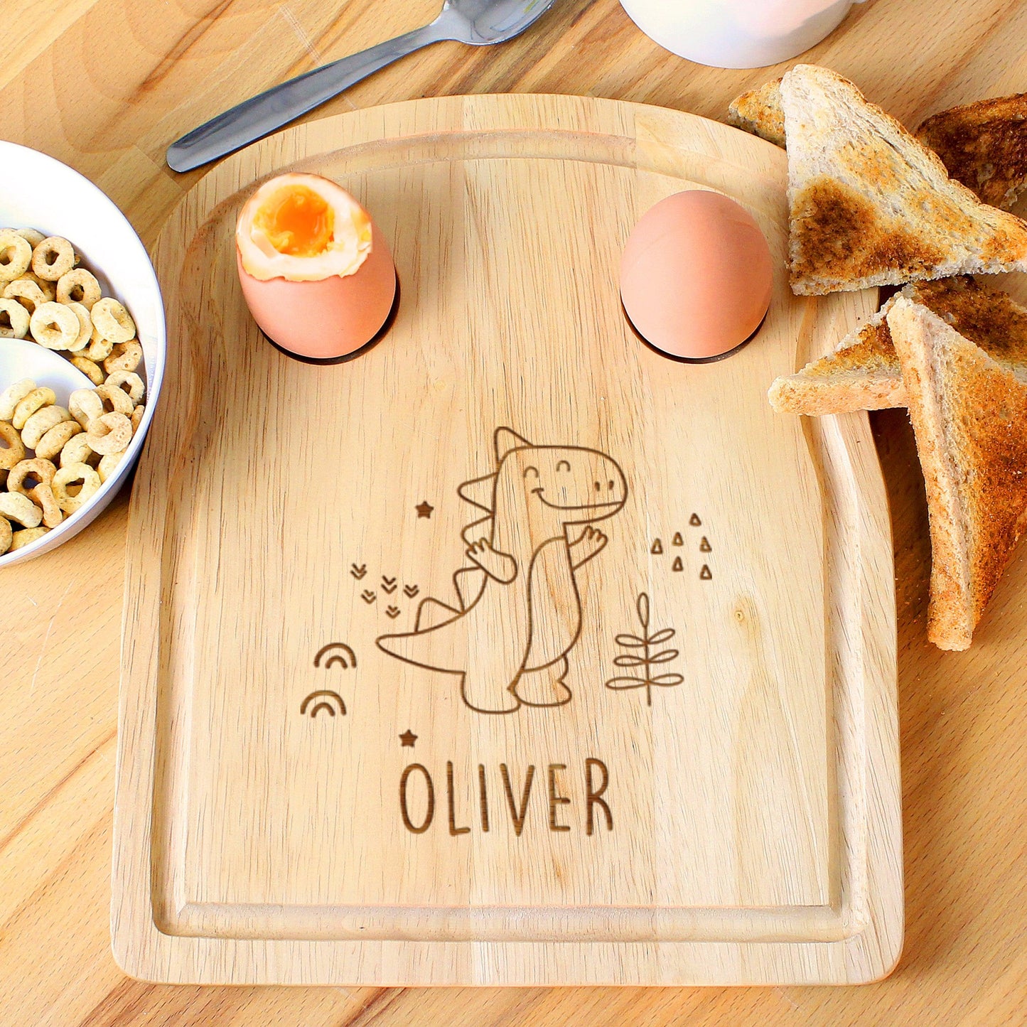 Personalised Name Dinosaur Egg & Toast Breakfast Board
