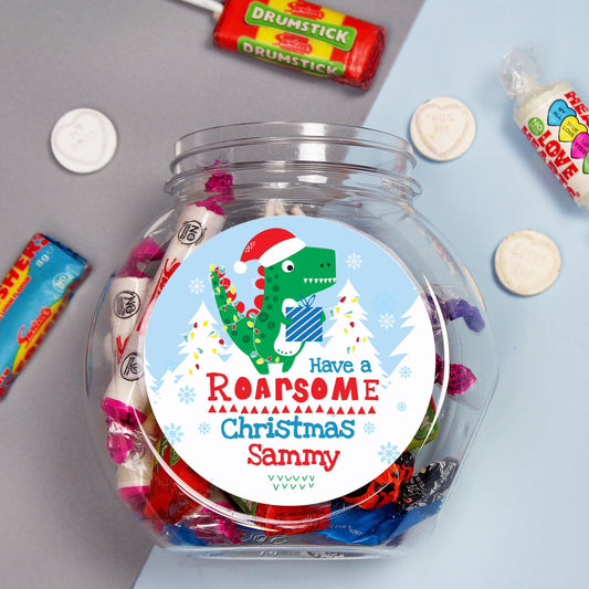 Personalised Name Dinosaur 'Have a Roarsome Christmas' Sweet Jar