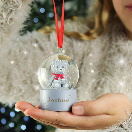 Personalised Name Teddy Bear Glitter Snow Globe Tree Bauble Decoration