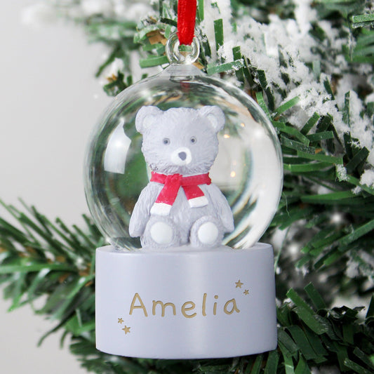 Personalised Name Teddy Bear Glitter Snow Globe Tree Bauble Decoration