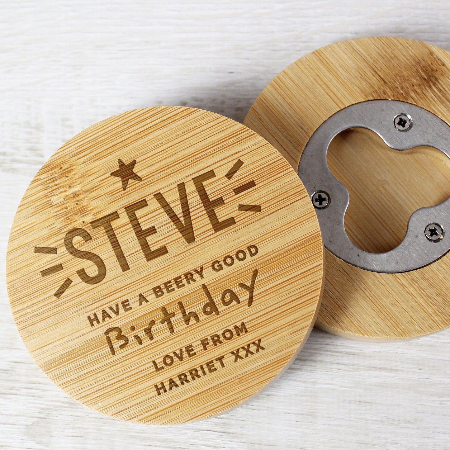 Personalised Star Wooden Bamboo Bottle Opener Coaster