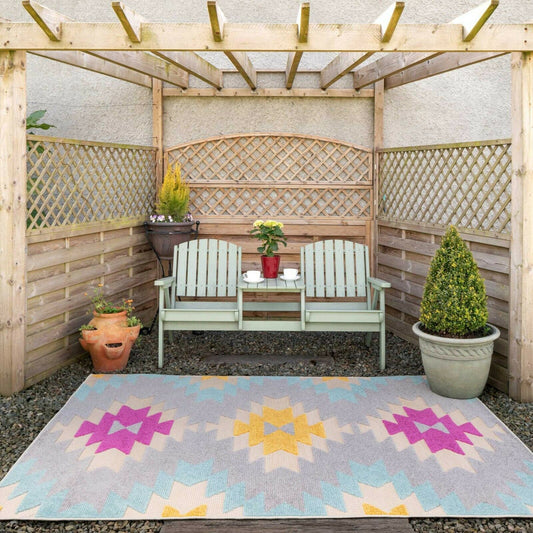 Pink Blue Aztec Indoor Outdoor Weatherproof Garden Rug Runner