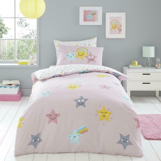 Pink Multi Stars Rainbow Print Kids Bedding Duvet Set Fitted Sheets