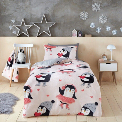 Pink Penguin Love Winter Teddy Fleece Duvet Bedding Set