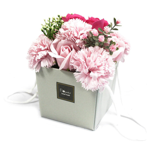 Pink Rose & Carnation Soap Flower Bouquet in Rope Handle Box - Home Inspired Gifts