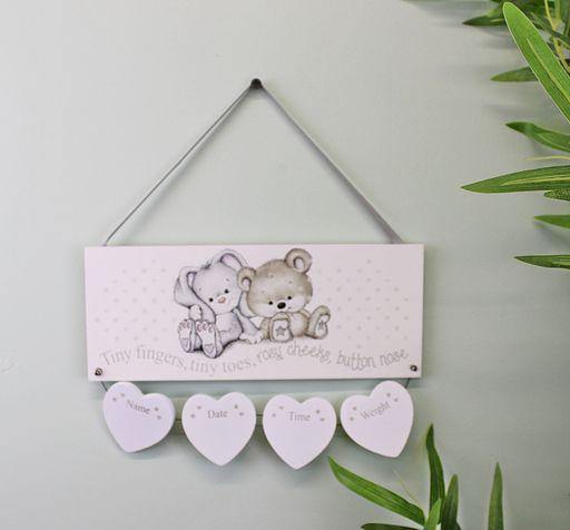Neutral Wooden New Baby Birth Details Heart Plaque Sign Wall Hanging - Kporium Home & Garden