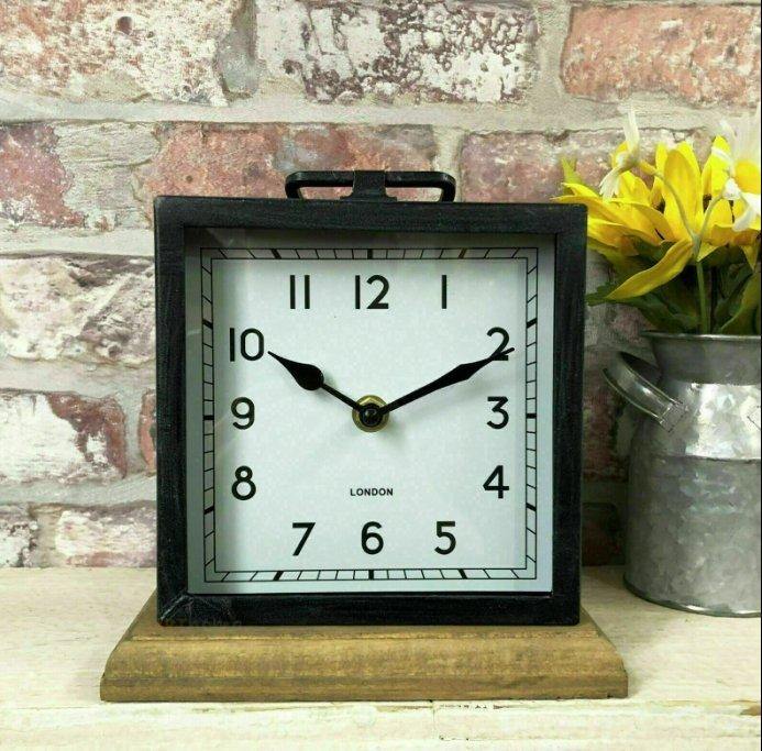 Metal Mantle Clock with Wooden Base and Handle - Kporium Home & Garden