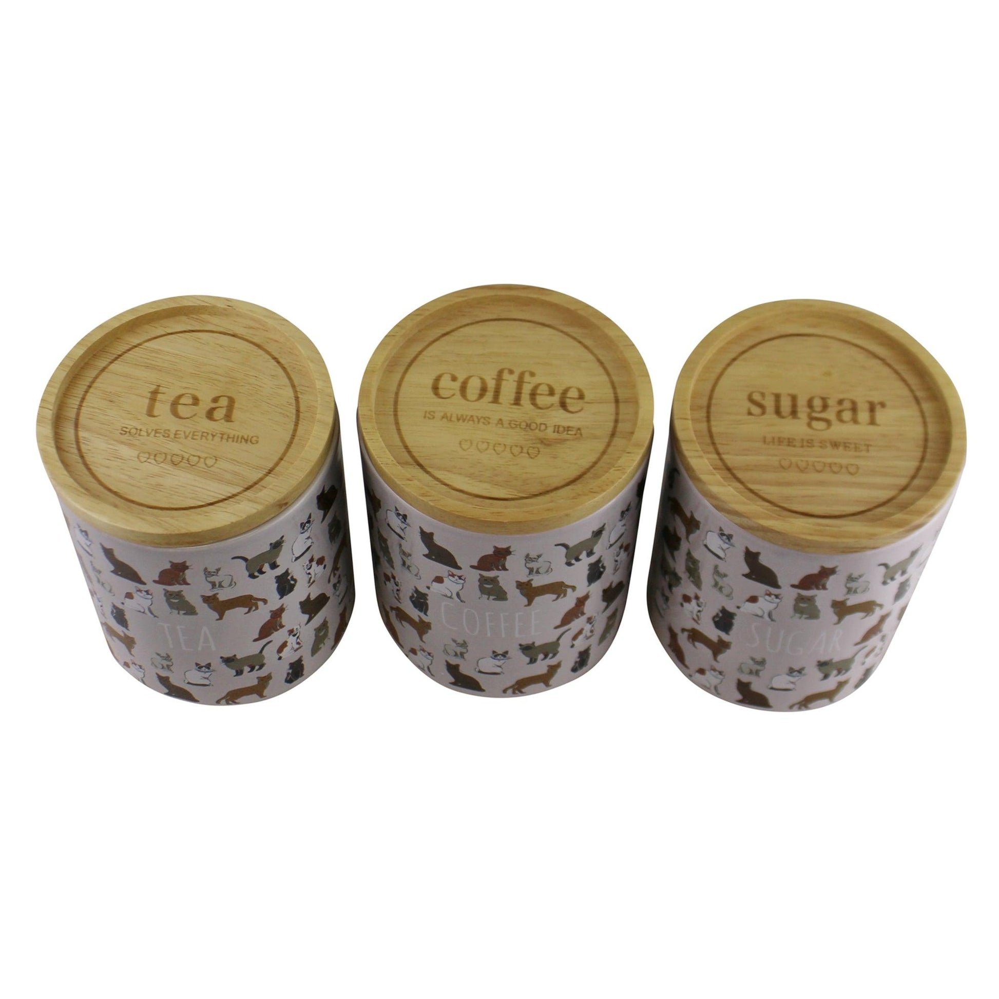 Set of 3 Ceramic Cat Design Tea, Coffee & Sugar Canisters Wooden Lids Top View