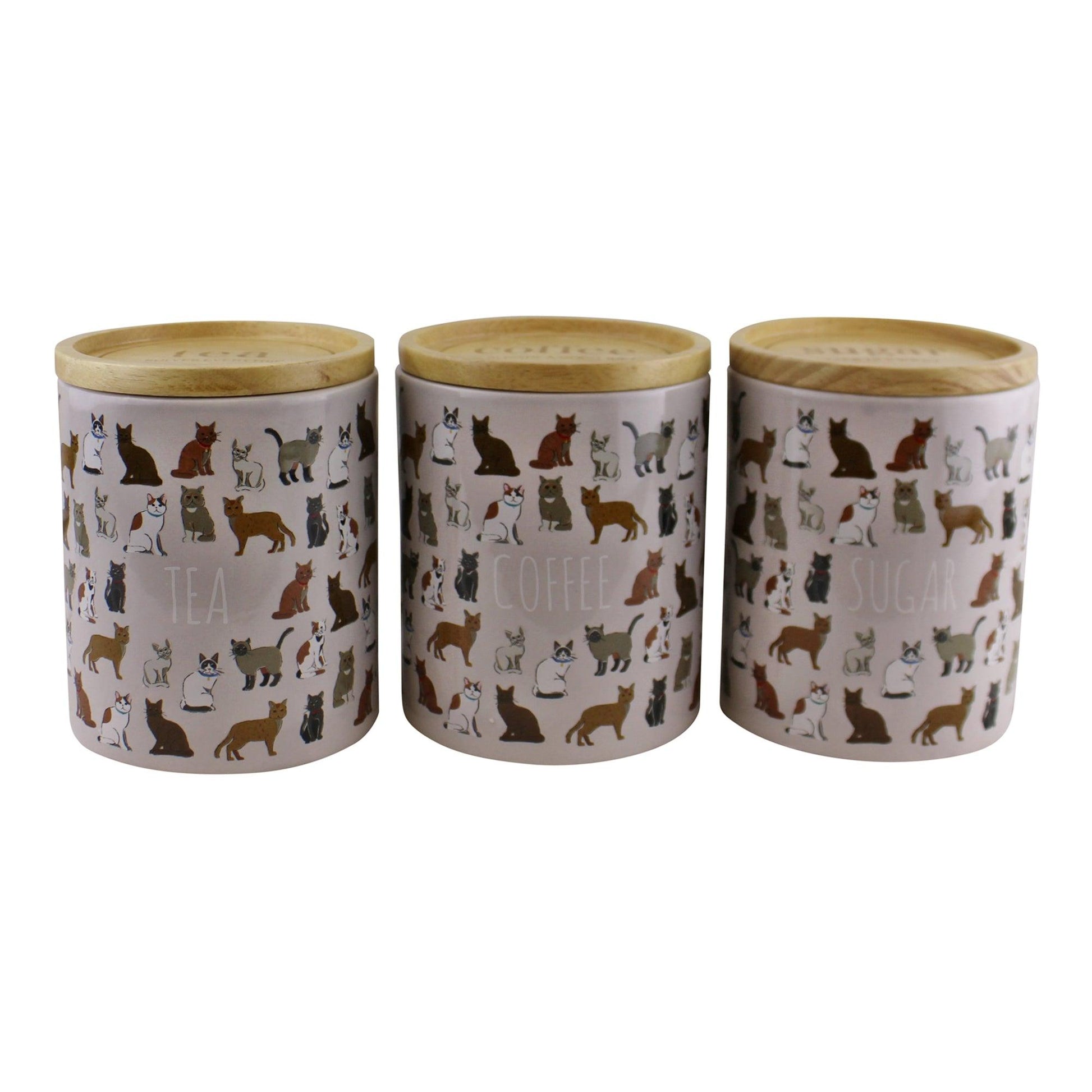 Set of 3 Ceramic Cat Design Tea, Coffee & Sugar Canisters Wooden Lids Side View Design