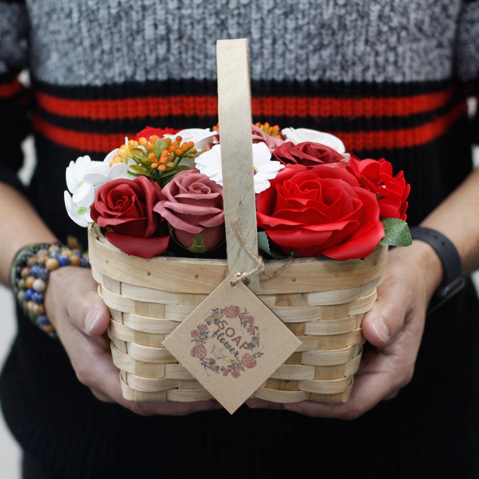 Scented Soap Red Flower Bouquet in Wicker Basket - Bath Spa Gift - Kporium Home & Garden