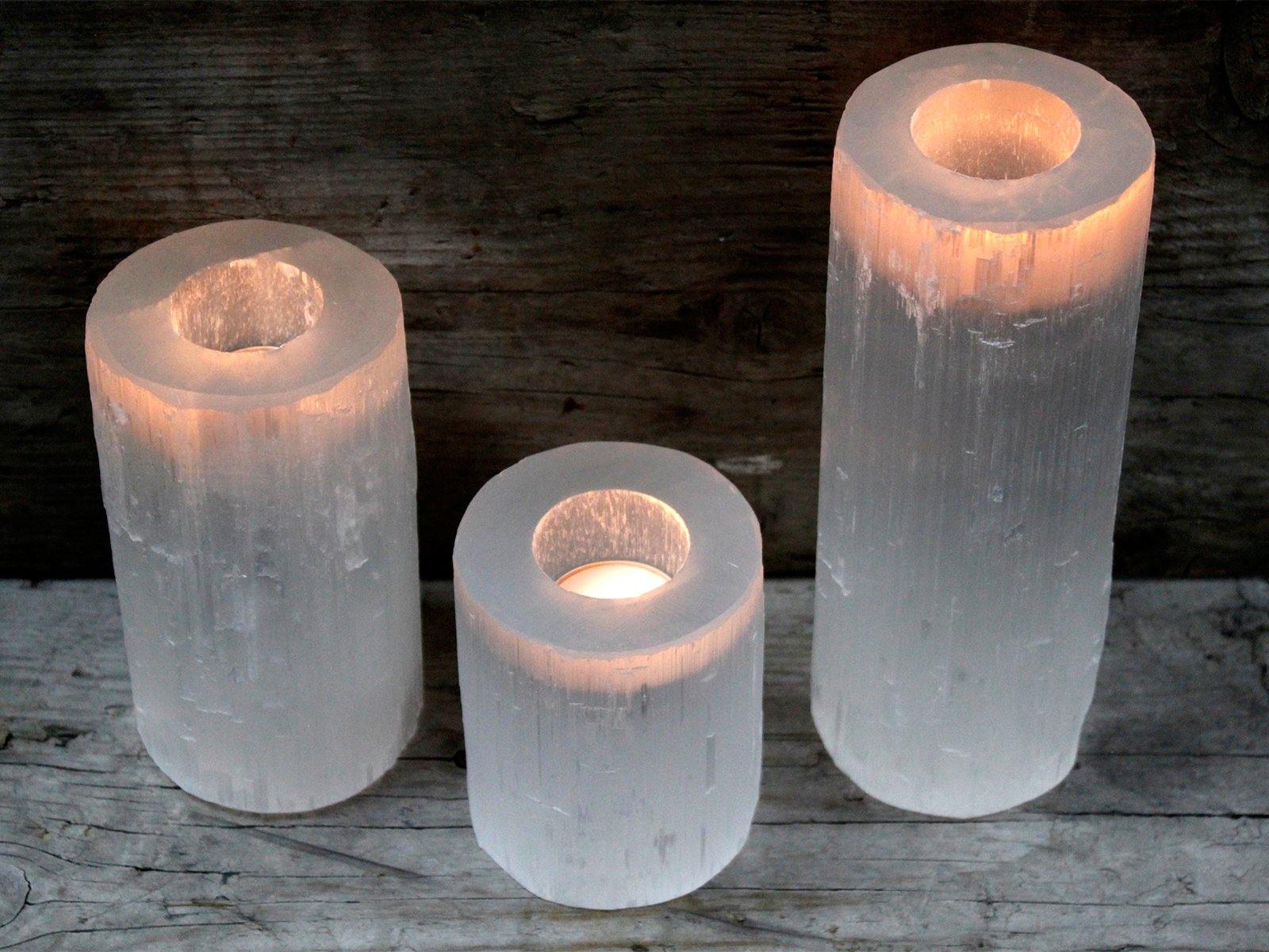 Natural Selenite Crystal 15cm Cylinder Candle Holders Healing Chakras - Home Inspired Gifts